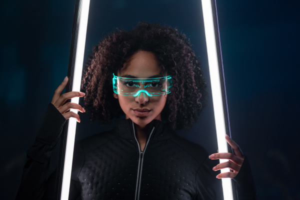 Metaverse digital cyber world technology, a young woman with smart glasses, futuristic lifestyle