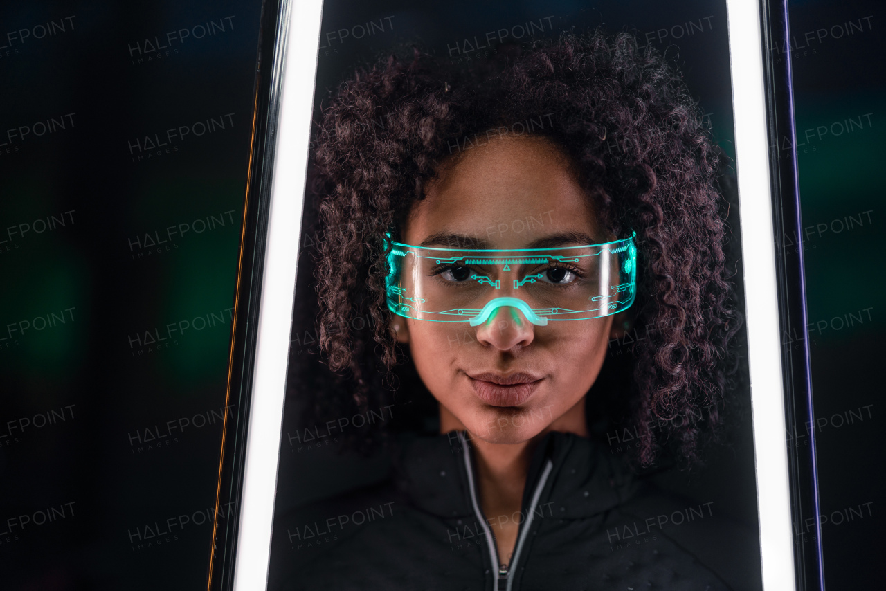 Metaverse digital cyber world technology, a young woman with smart glasses, futuristic lifestyle