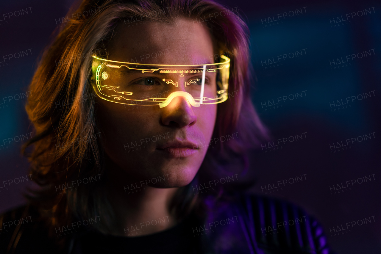 Metaverse digital cyber world technology, portrait of a young man with smart glasses, futuristic lifestyle