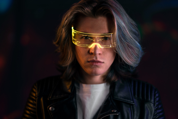 Metaverse digital cyber world technology, portrait of a young man with smart glasses, futuristic lifestyle