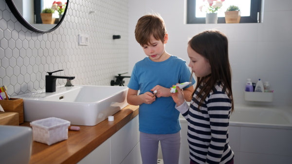 Two little siblings brushing teeth in bathroom, a morning routine concept.