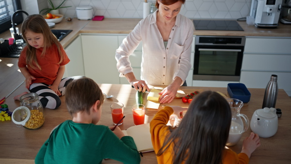 A mother of three little children preparing lunchboxes during breakfast in kitchen at home.