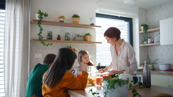 A mother of three little children preparing breakfast in kitchen at home.