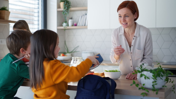 A mother of three little children preparing breakfast and lunch boxes in kitchen at home.