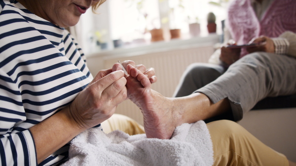 A close-up of senior woman receiving a pedicure from healthcare worker at home, beauty spa concept.