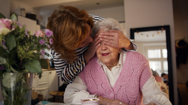 A happy mature woman surprising her senior mother when visiting her at home.