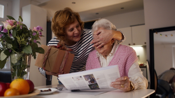 A happy mature woman surprising her senior mother when visiting her at home and bringing present.