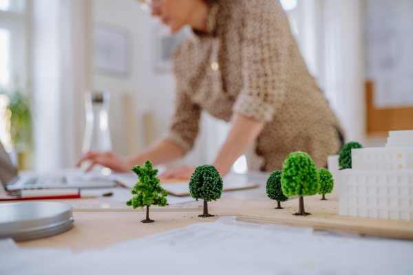 A close-up of woman architect with model of houses in office