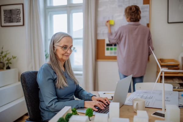 Happy mature women eco architects working together in an office.