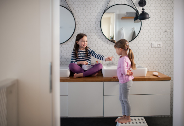 Two little sister in a bathroom, morning routine concept.