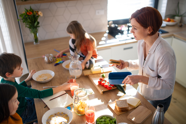 A mother of three little children preparing breakfast in kitchen at home.