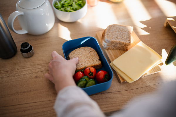 A close-up of mother preparing snack to lunch box in kitchen at home.