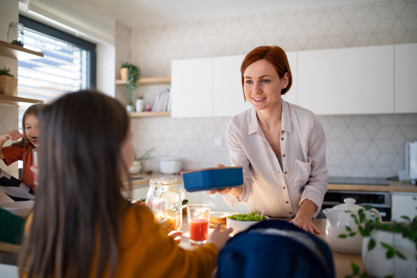 A mother of three little children preparing lunchboxes during breakfast in kitchen at home.