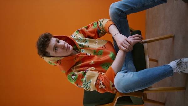 A vertical footage of fashion studio shooting of a young man in hoodie with big leaf sitting in armchair.