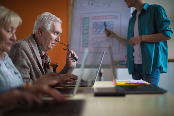 A senior group in retirement home with young instructor learning together in computer class