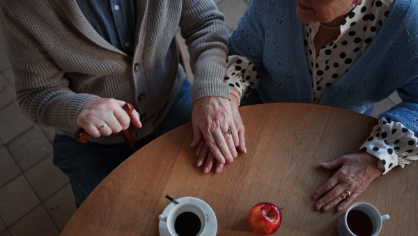 A top view of elderly couple enjoying breakfast in nursing home care center.