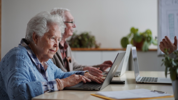 A senior group in retirement home learning together in computer class