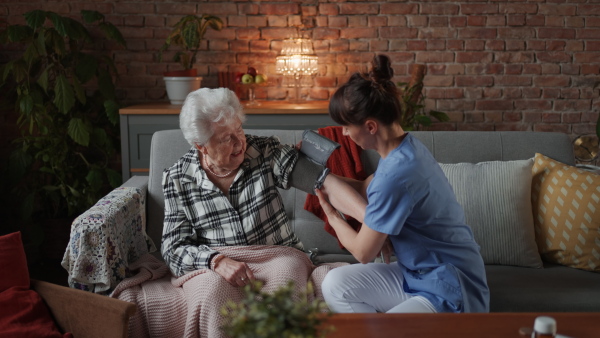 A female doctor doing check up to senior woman indoors at home during home visit