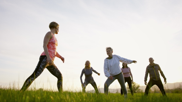 A group of seniors with sport instructor doing exercise outdoors in nature, active lifestyle.