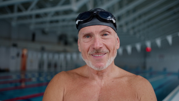 A close-up of happy senior man swimmer looking at camera after swim in indoors swimming pool.