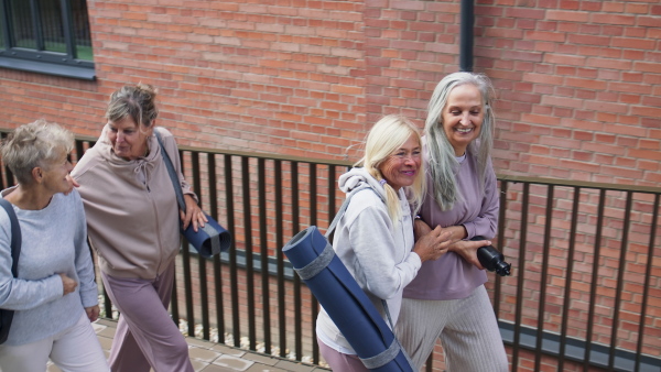 A cheerful group of senior women walking and talking after exercise outdoors in street