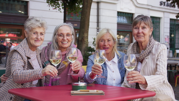 A group of senior women sitting and drinking wine in caf.