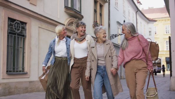 A group of cheerful senior women friends with shopping bags walking and holding together outdoors in city street.