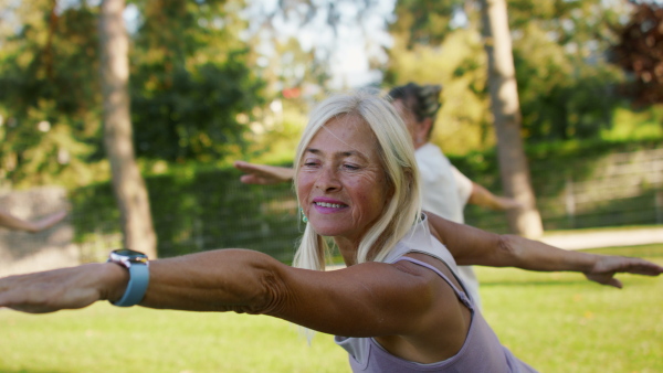 A close up of senior women friends doing exercise outdoors in park.