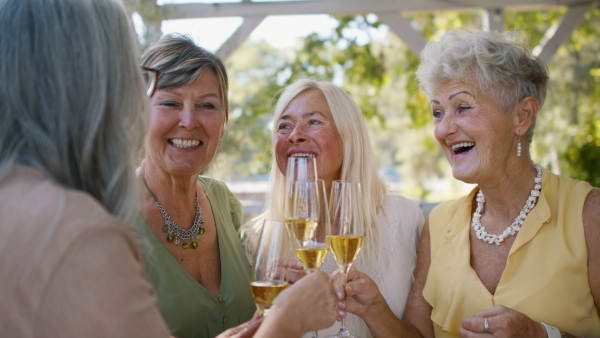 A close up of senior women friends clinking glasses with champagne during celebration outdoors at terrace.