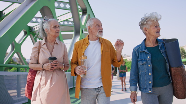 A group of happy senior friends going on sport session to city park, looking at camera.