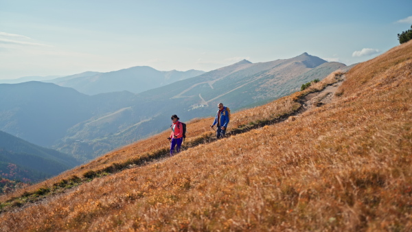 A senior couple with trekking poles hiking together in mountains.