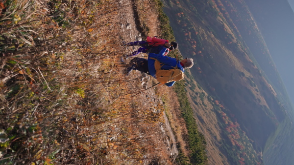 A vertical footage of senior couple with trekking poles hiking together in mountains.