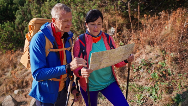 A happy senior couple hiking in mountains together, using map.