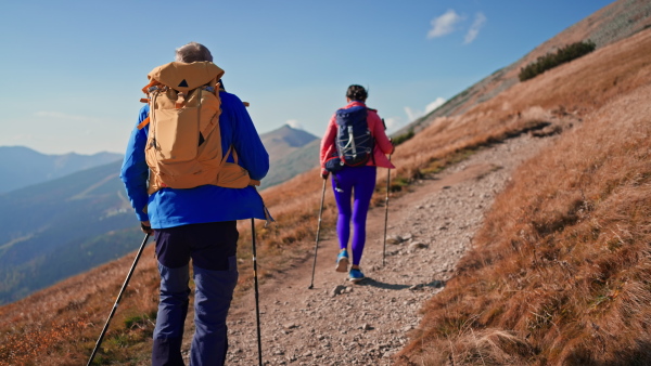 A rear view of senior couple with trekking poles hiking together in mountains.