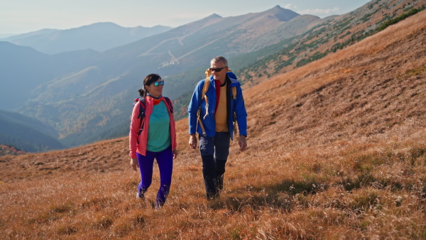 A senior couple hiking together in mountains.