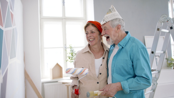 Beautiful senior couple renovating their new flat, standing and looking at camera.