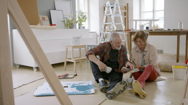 Beautiful senior couple planning the renovation of their new flat.