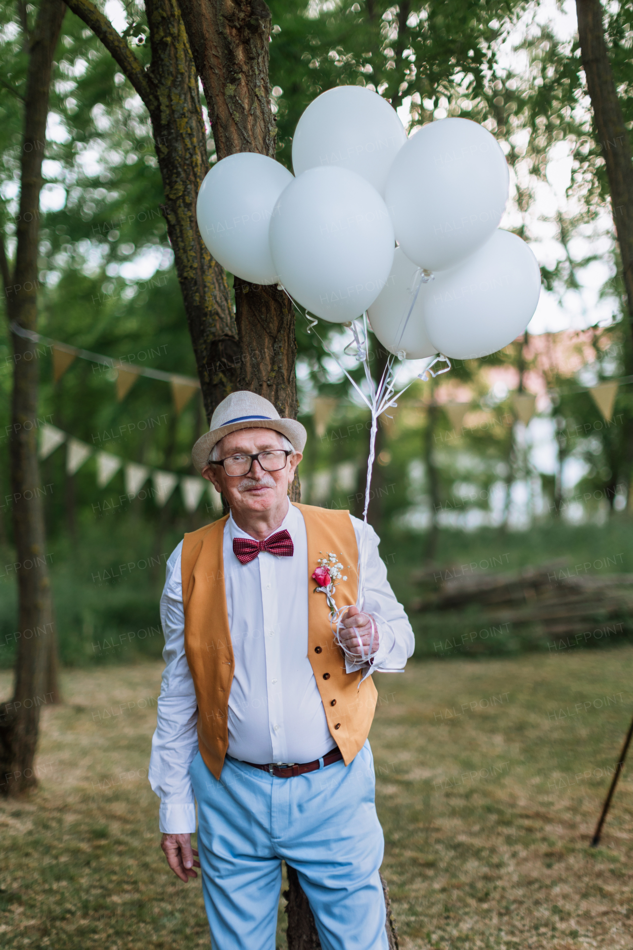 Portrait of senior man having wedding in the nature.