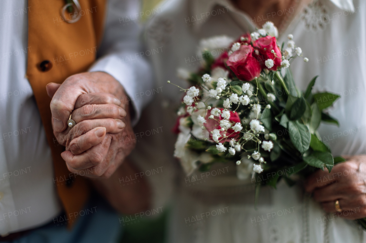 Close-up of seniors hands with golden wedding rings during their marriage.