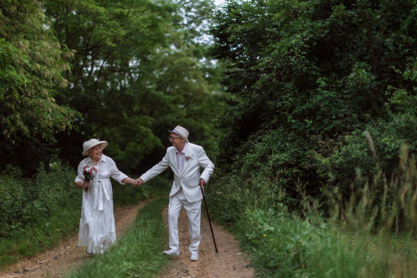 Senior couple having wedding photography in a forest during summer day.