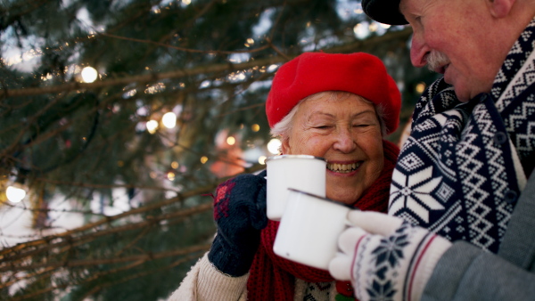 Happy senior couple at outdoor Christmas market, watching and buying a gifts and Christmas decorations.