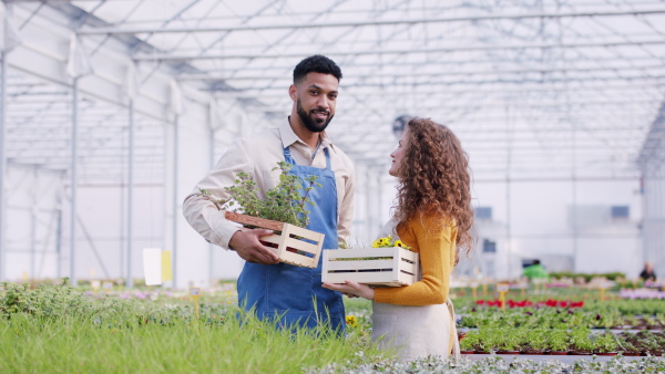 Young colleagues working in garden centre, looking at camera.