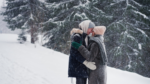 A young couple hugging and kissing in winter under falling snow.