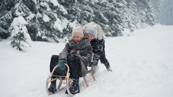 A young couple in love sledding in wintery nature under falling snow.