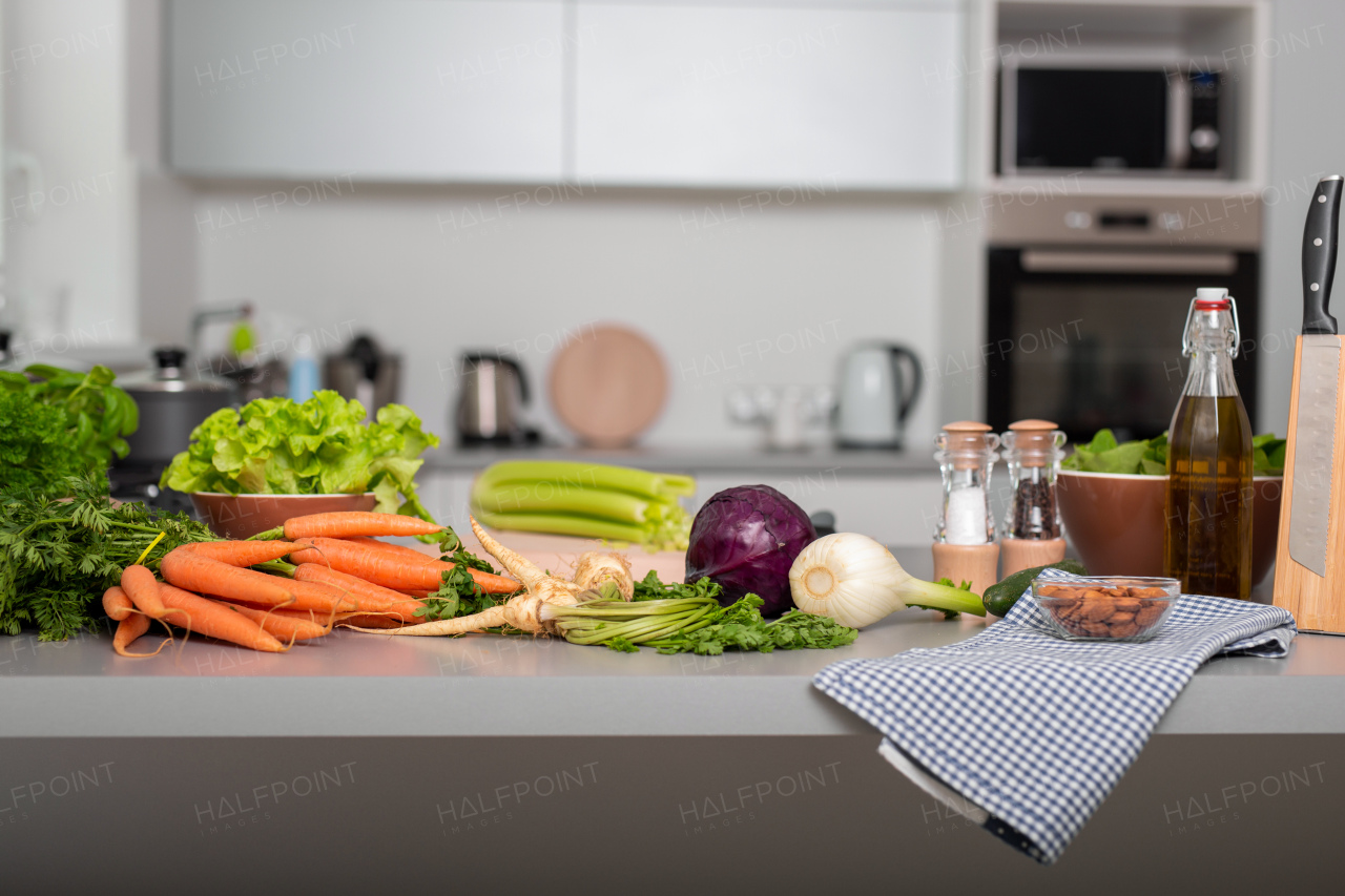 A set of variety vegetable on kitchen counter bar. Healthy eating with vegetarian concepts.