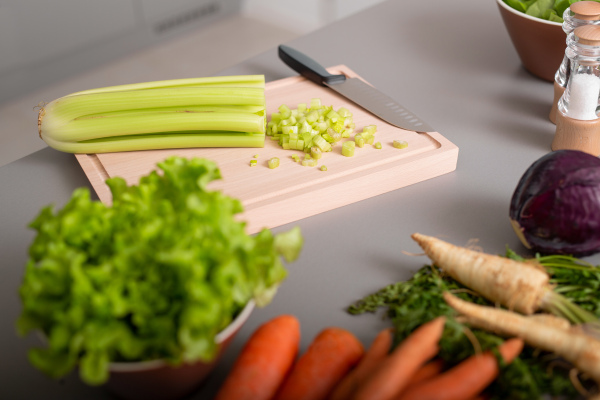 A set of variety vegetable on kitchen counter bar ready for cooking. Healthy eating with vegetarian concepts.