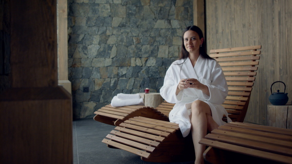 A mature woman enjoying her vacation in spa resort, drinking coffe and looking at camera.