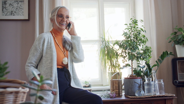 A relaxed senior woman making a phone call at home.