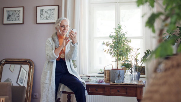 A relaxed senior woman making a phone call at home.