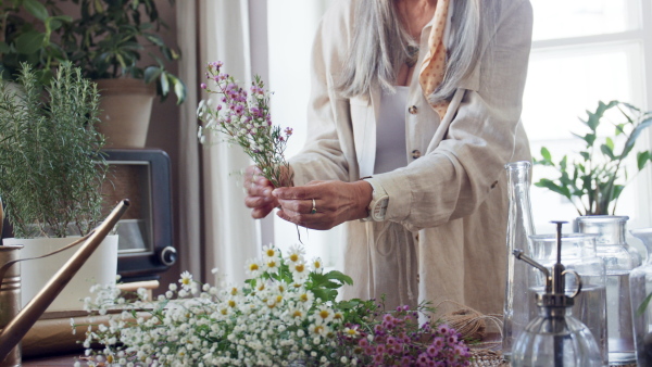 A happy senior woman taking care of plants indoors at home.